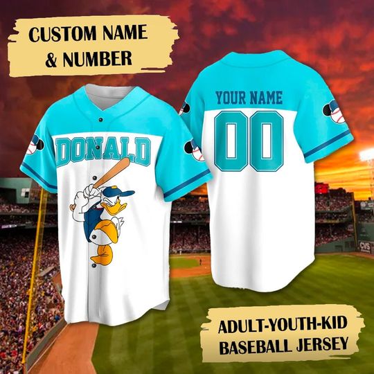 Custom Donald Duck Player Baseball Jersey, Cartoon Duck Baseball Team Outfit, Magic Kingdom Family Trip Shirt