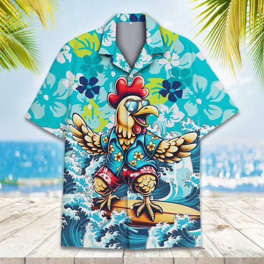 Chicken Surfing Hawaiian Shirts, Chicken Lover Hawaiian Shirts