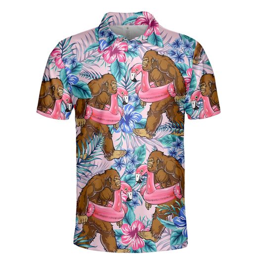 Bigfoot Golf Polo Shirts for Men, Bigfoot Sasquatch Golf Player Polo Shirts