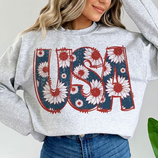 Floral USA Sweatshirt, Retro America Sweatshirt, 4th Of July Sweatshirt