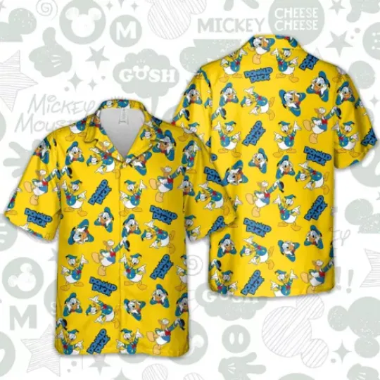 Donald Funny Duck Steamboat Willie Disney Cartoon Themed Aloha Hawaiian Shirt, Woven Polyester Fabric Shirt, Summer Short Sleeve Button Down Shirts For Men, Women