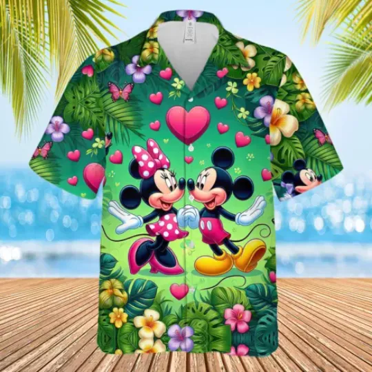Discover Disney Mickey And Minnie Mouse In Love Forest Hawaiian Shirt, Woven Polyester Fabric Shirt, Summer Short Sleeve Button Down Shirts For Men, Women