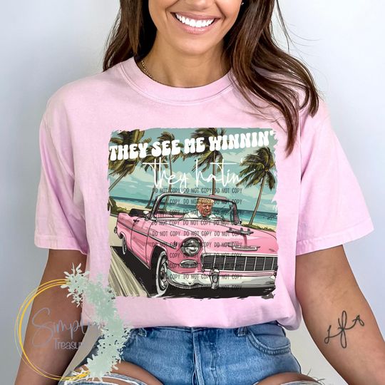 Funny Trump Pink They See Me Winning, Republican Shirt, Trump 2024 Cotton T-Shirt - Loose Fit, Comfortable Short Sleeve Tee