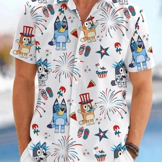 BlueyDad 4Th Of July Hawaiian Shirt BlueyDad Patriotic Summer Beach Casual Short Sleeve Button Down Shirts