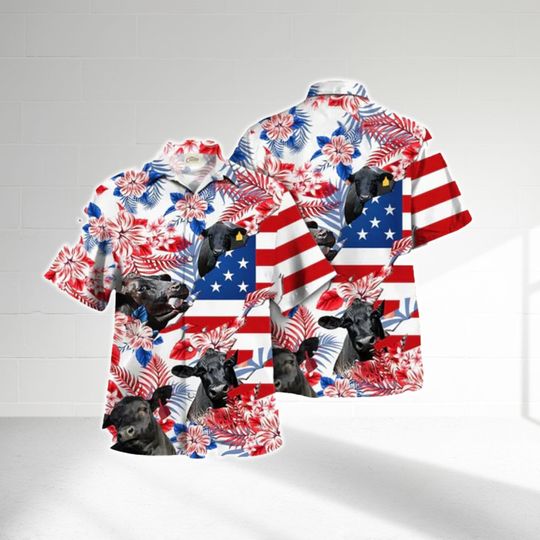 Black Angus Independence Day Hawaii Shirt, Black Angus American Flag Pattern, Men Short Sleeve Regular Fit, Summer Button Up Shirt