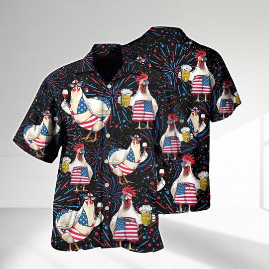 Chickens Beer Independence Day Hawaiian Shirt, Chicken USA Flag, Men Short Sleeve Regular Fit, Summer Button Up Shirt