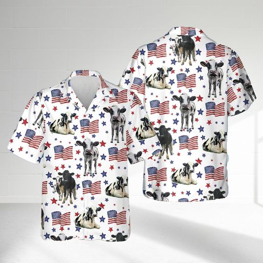 Holstein American Flag Pattern Hawaiian Shirt, Cow 4th of July, Men Short Sleeve Regular Fit, Summer Button Up Shirt