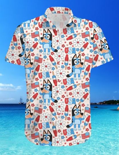 BlueyDad USA Hawaiian Shirt, BlueyDad Shirt, BlueyDad Bingo, Gift For Dad, Father's Day, Men Short Sleeve Regular Fit, Summer Button Up Shirt