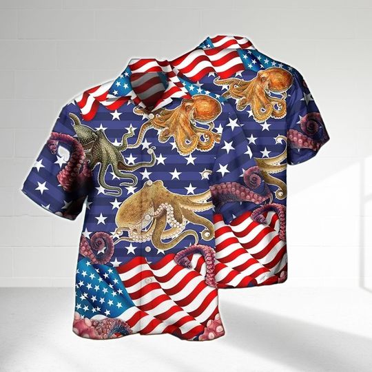 Octopus Independence Day Hawaiian Shirt, Octopus 4th of July Hawaii Shirt, Men Short Sleeve Regular Fit, Summer Button Up Shirt