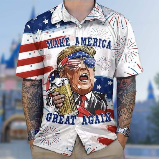Make America Great Again Donald Trump 4th July Hawaiian Shirt, Cool Patriotic America, Men Short Sleeve Regular Fit, Summer Button Up Shirt