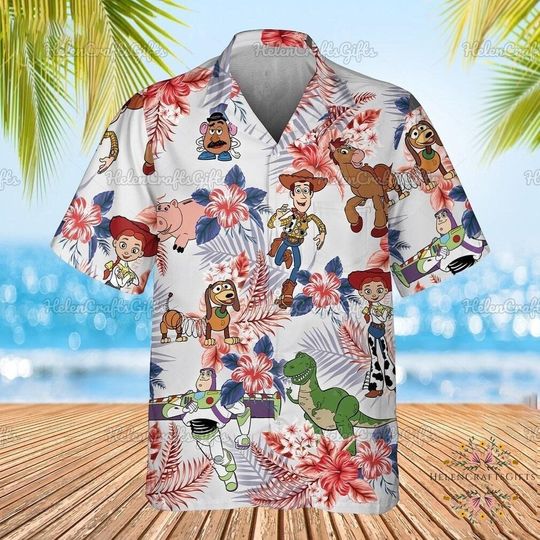 Toy Story 4th July Hawaiian Shirt, Woody Buzz Lightyear Jessie Button Up Hawaii Shirt, Men Short Sleeve Regular Fit, Summer Button Up Shirt