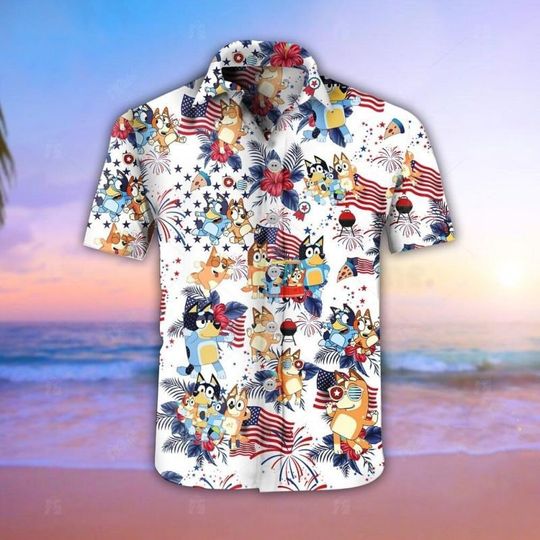 BlueyDad Hawaiian Shirt BlueyDad 4Th Of July, BlueyDad Summer Family Hawaiian Shirt,, Men Short Sleeve Regular Fit, Summer Button Up Shirt