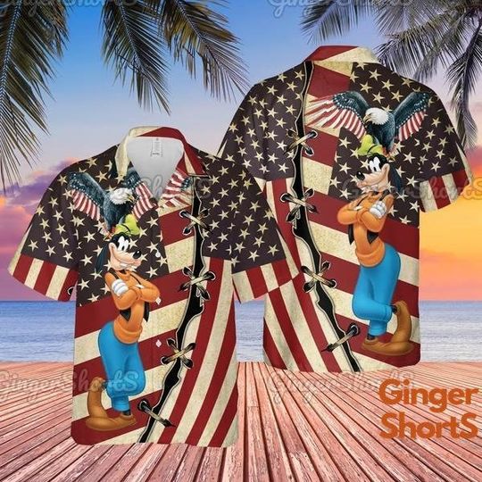 Disney Goofy 4th July Hawaiian Shirt, Disney Dog Fourth Of July Youth Adult Hawaii Button Up, Men Short Sleeve Regular Fit, Summer Button Up Shirt