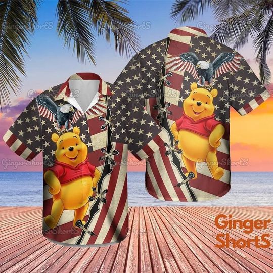 Winnie The Pooh 4th July Hawaiian Shirt, Disney Pooh Bear Fourth Of July, Men Short Sleeve Regular Fit, Summer Button Up Shirt