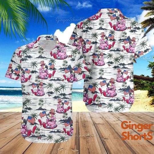 Flamingo 4th Of July Hawaiian Shirt, Flamingo Fourth Of July Summer Button Up, Men Short Sleeve Regular Fit, Summer Button Up Shirt