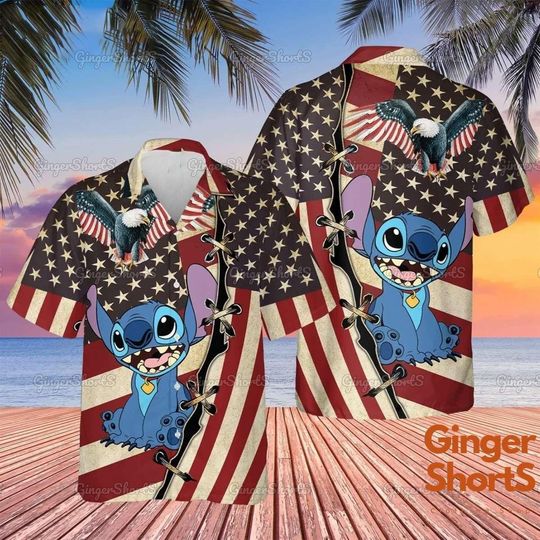 Funny Stitch 4th July Hawaiian Shirt, Disney Blue Dog Fourth Of July, Men Short Sleeve Regular Fit, Summer Button Up Shirt