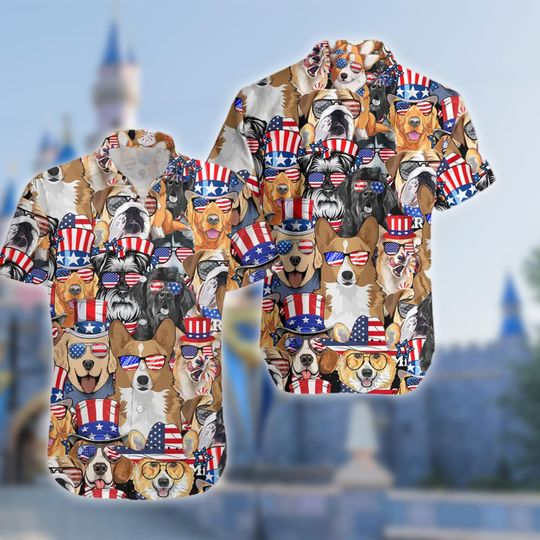American Flag Sunglasses Dog 4th Of July Hawaiian Shirt, Tropical Dog July Fourth, Men Short Sleeve Regular Fit, Summer Button Up Shirt