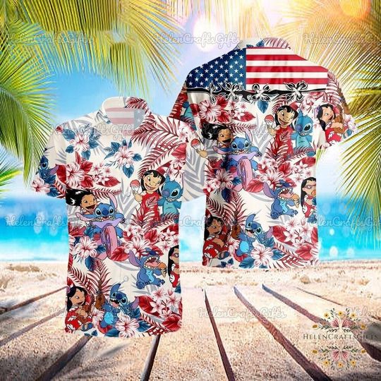 Discover Lilo And Stitch 4th July Hawaiian Shirt, Lilo And Stitch Button Up Hawaii Shirt, Lilo And Stitch, Men Short Sleeve Regular Fit, Summer Button Up Shirt