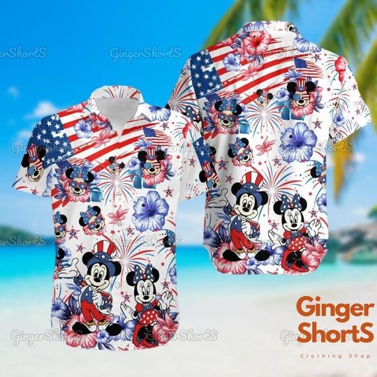 Mickey Mouse 4th July Hawaiian Shirt, Minnie Mouse Head Fourth Of July, Men Short Sleeve Regular Fit, Summer Button Up Shirt