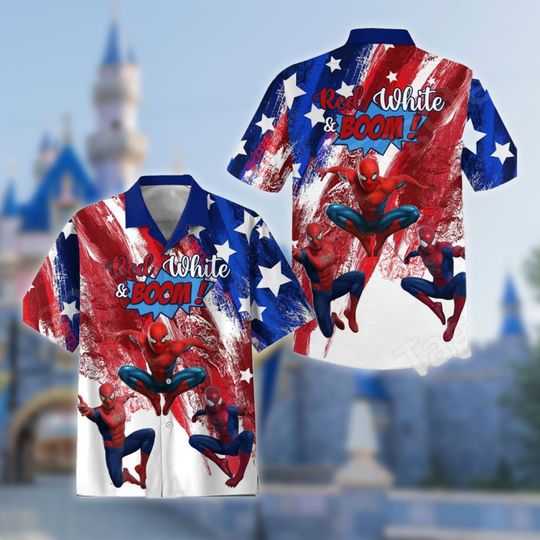 Spiderman Red White And Boom American Flag 4th July Hawaiian Shirt, Peter Parker Superhero Character, Men Short Sleeve Regular Fit, Summer Button Up Shirt
