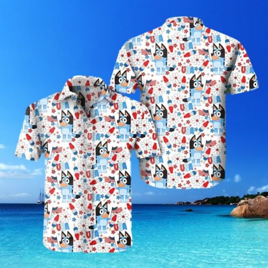 BlueyDad 4Th Of July Shirt, BlueyDad Hawaiian Shirt, BlueyDad Summer Family Hawaiian Shirt, Men Short Sleeve Regular Fit, Summer Button Up Shirt