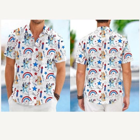 4th Of July Hawaiian Shirts USA Flag Bluuey And Binngo Rainbow Patriotic Casual Button Up Aloha Shirt, Men Short Sleeve Regular Fit, Summer Button Up Shirt