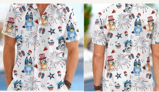 Bluuey 4Th Of July Shirt Blueey Patriotic Shirt  Blueey Characters Birthday Party Shirt, Men Short Sleeve Regular Fit, Summer Button Up Shirt
