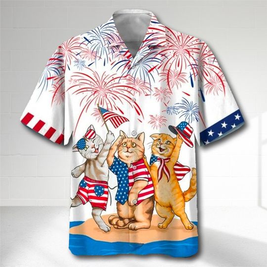 American Shorthair Independence Day Hawaiian Shirt, Cat America Flag Hawaii Shirt, Men Short Sleeve Regular Fit, Summer Button Up Shirt