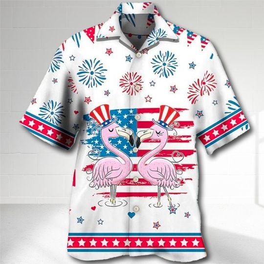 Flamingo American Independence Day Hawaiian Shirt, Flamingo 4th of July Hawaii Shirt, Men Short Sleeve Regular Fit, Summer Button Up Shirt