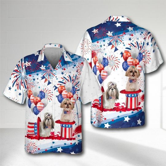 Shih Tzu Independence Day Hawaiian Shirt, Shih Tzu American Flag Hawaii Shirt, Dog 4th Of July, Men Short Sleeve Regular Fit, Summer Button Up Shirt