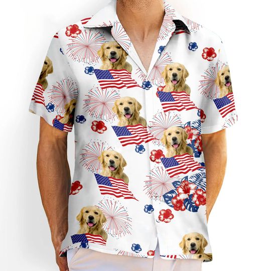 4th of July Custom Hawaiian Shirt with Face, Custom American Flag Hawaiian Shirt With Face, Men Short Sleeve Regular Fit, Summer Button Up Shirt