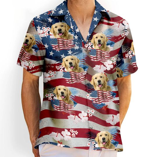 4th of July Custom Hawaiian Shirt with Face, Custom American Flag Hawaiian Shirt With Face, Men Short Sleeve Regular Fit, Summer Button Up Shirt