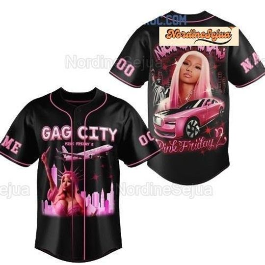 Personalized Nicki Minaj Pink Friday 2 Tour In Gaga City Baseball Jersey, 3D Print Baseballl Jersey, Casual Outfit, Custom Button-up Shirt