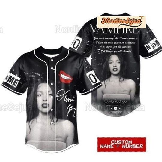 Personalized Olivia Rodrigo Vampire Baseball Jersey, 3D Print Baseballl Jersey, Casual Outfit, Custom Button-up Shirt