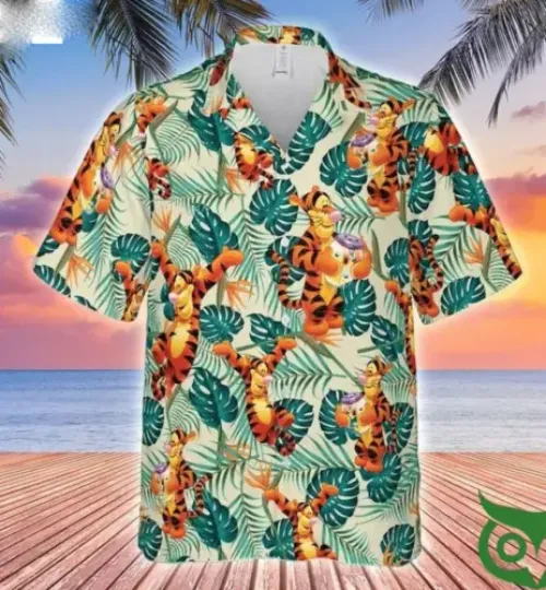 Disnney Tigger Green Leaf Beige Hawaiian Shirt Winnie The Pooh