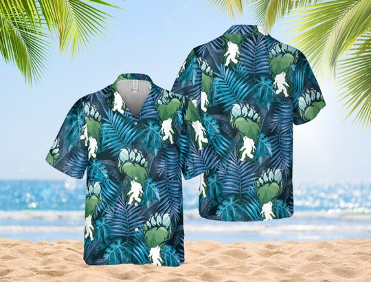 Palm Tree Bigfoot Surfing Hawaiian Shirt, Men's Short Sleeve Button-up Beach Shirt, Summer 3D Printed Beach Clothing, Dad Gift