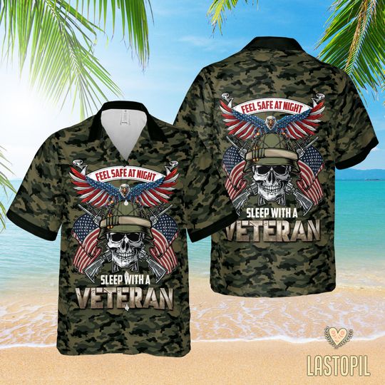 Proud Veteran and Skull Hawaiian Shirt, Men's Short Sleeve Button-up Beach Shirt, Summer Aloha 3D Printed Clothing, Dad Gift