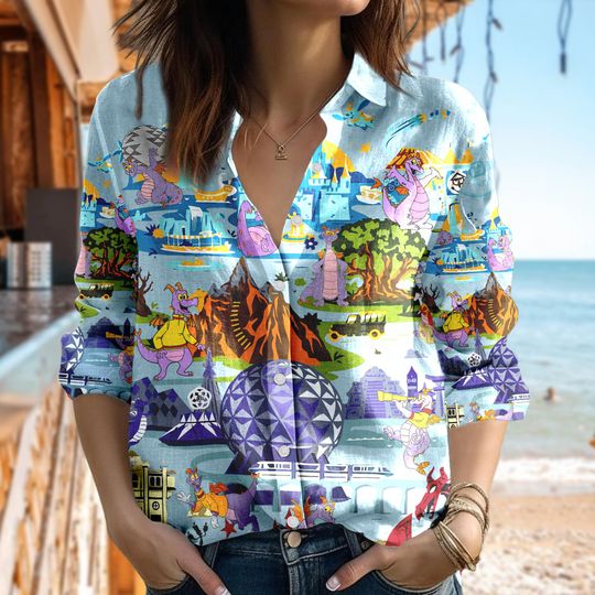 Figment Epcot Linen Shirt, Figment Long Sleeve Button Down Shirt, Cartoon Women Blouses Shirt, Figment Linen Gift, Magic Kingdom Shirt
