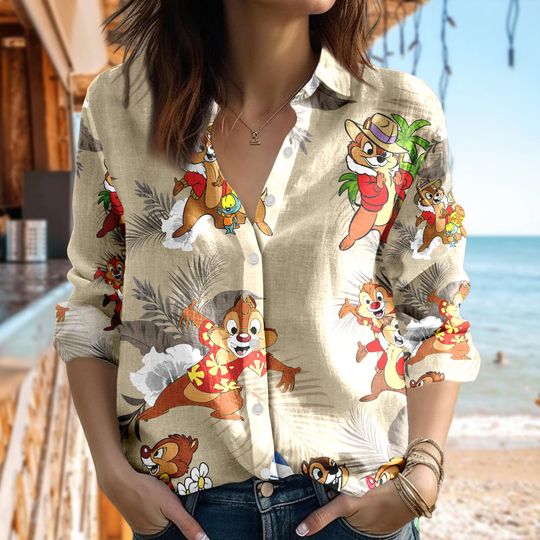 Chip'n Dale Linen Shirt, Animated Chip and Dale Long Sleeve Linen Shirt, Cartoon Women Blouses Shirt, Magic Kingdom Shirt, Family Trip Gift