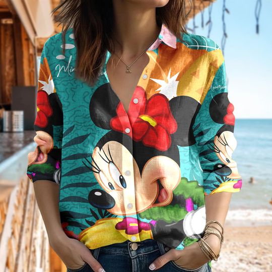 Flower Minnie Mouse Linen Shirt, Minnie Mouse Linen Casual Shirt, Movie Button Up Shirt, Cartoon Women Blouses Gift, Magic Kingdom Shirt