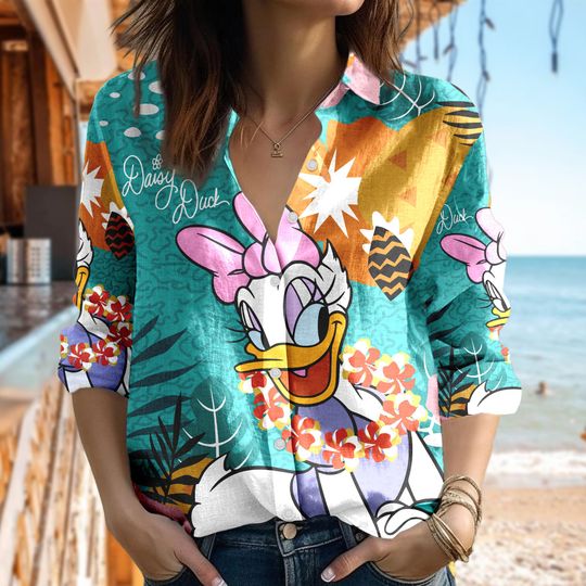 Floral Daisy Duck Linen Shirt, Animated Daisy Duck Long Casual Shirt, Cartoon Women Blouses Shirt, Magic Kingdom T-Shirt, Family Trip Gift