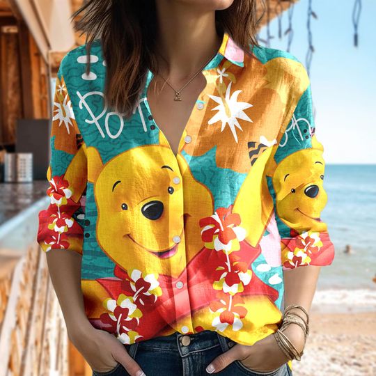 Floral Winnie The Pooh Women Casual Shirt, Pooh Linen Shirt, Honey Pooh Bear Button Up Tee, Cartoon Women Blouses Gift, Magic Kingdom Shirt