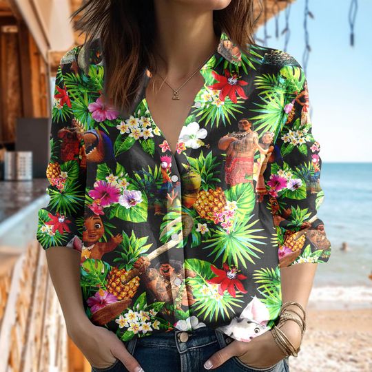 Floral Moana Princess Linen Shirt, Moana Women Casual Shirt, Cartoon Characters Linen Blouses Shirt, Princess Magic Kingdom Trip Gift