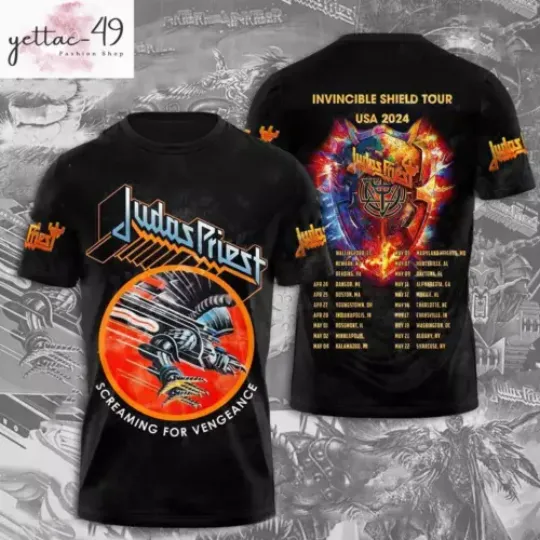 Judas Priest Invincible Shield 2024 Tour Polyester T-Shirt, Judas Priest 3D Tshirt, Judas Priest Merch, Judas Priest Concert 2024 Shirt, Gifs For Fan