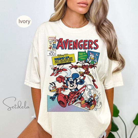Disney 100 Mickey Mouse & Friends Custom Avengers Comics Book Retro Cotton Tshirt, WDW Magic Kingdom Disneyland Family Vacation Holiday