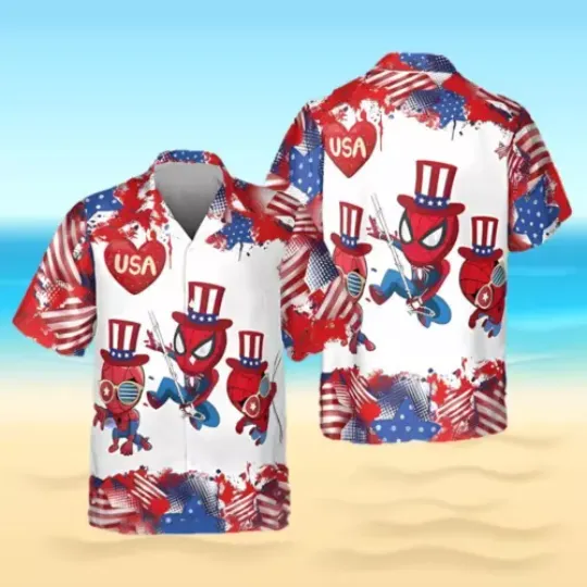 Discover Independence Day Spiderman 3D Printed Hawaiian Shirt, 4th Of July Shirt, Polyester Fabric, Button-up Shirt, Beach Outfit