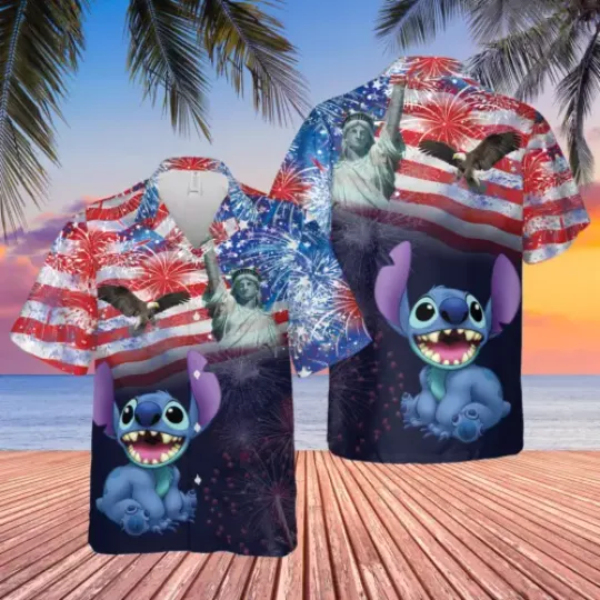 Stitch Eagle Fireworks US Flag Independence Day 3D HAWAII SHIRT HALLOWEEN GIFT, 4th Of July Shirt, Polyester Fabric, Button-up Shirt, Beach Outfit