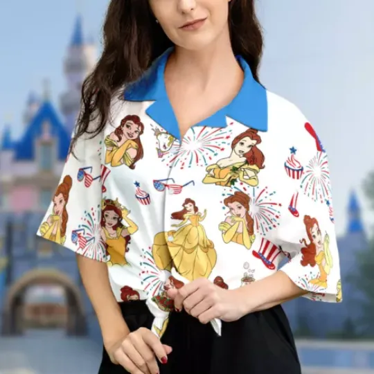Princess Belle Fireworks Happy 4th July Independence Day Hawaiian Shirt, Polyester Fabric, Button-up Unisex Shirt, Beach Outfit, All size available