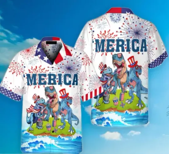 4Th Of July Dinosaur Merica Hawaiian Shirt American Flag Independence Day, Polyester Fabric, Button-up Unisex Shirt, Beach Outfit, All size available