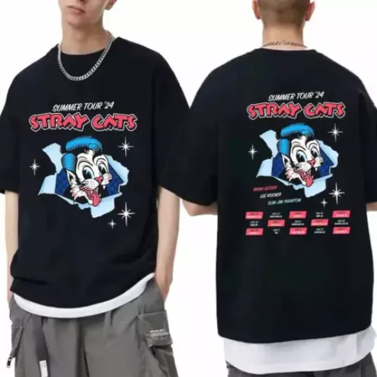 Stray Cats Summer Tour 2024 Double Sided Shirt, Casual Cotton Short Sleeve Two Sides Shirt, Music Tour Shirt for Fans